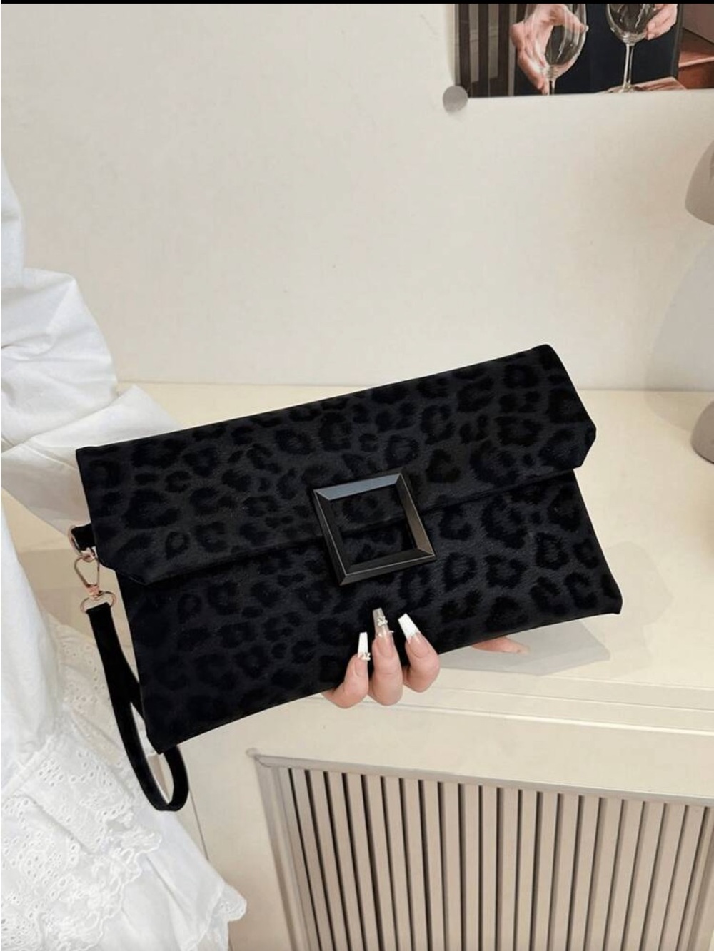 Black Leopard-Print Foldover Clutch Bag